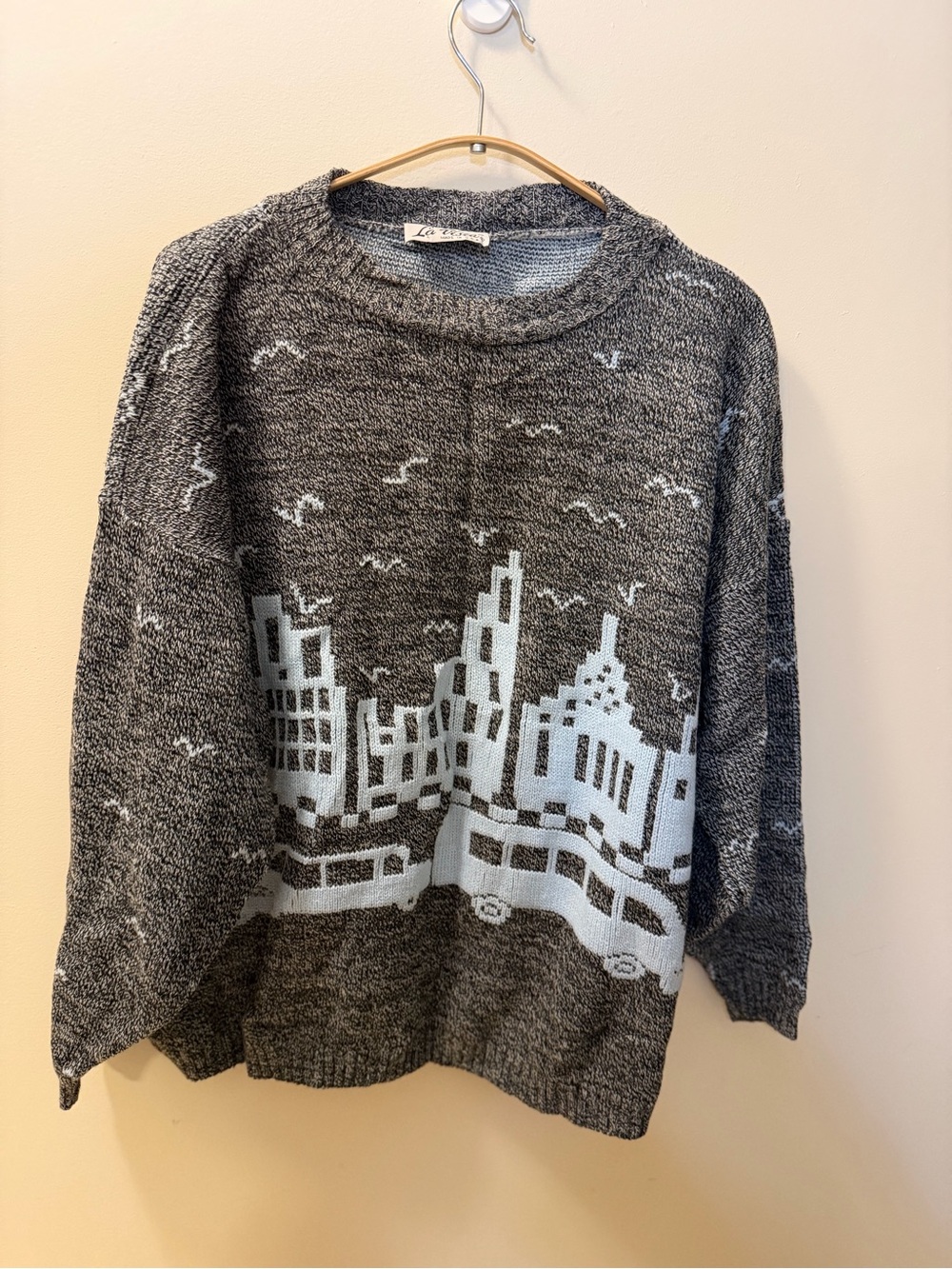 Vintage 80s La Vista Cityscape Sweater Oversized Grandpa Coastal Knit USA